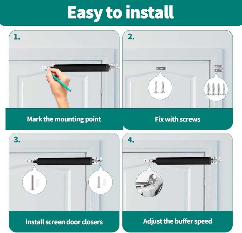OXDFK Screen and Storm Door Closer Kit, Heavy Duty Pneumatic Screen and Storm Door Closer, Screen and Storm Door Push Button Latch Set Replacement Kit, Adjust Smooth Closing Speed (Black) - Image 4